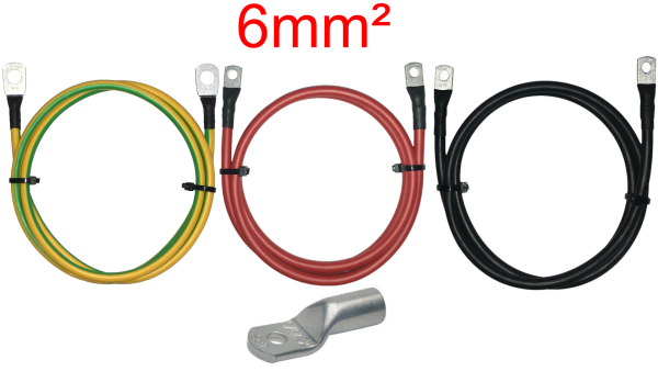 6mm² Kabel (H07V-K) verpresst mit Rohrkabelschuhen Rot / Schwarz / Grün-Gelb / Längenwahl